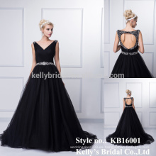 Hecho en China nuevo producto de la llegada 2015 ventas calientes largas rebordeadas A-línea atractiva backless piso negro longitud vestido de noche